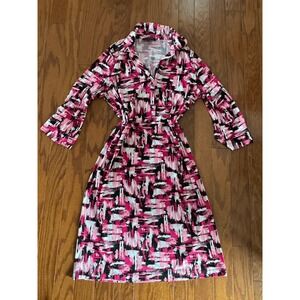 Evan Picone Pink Black Abstract Shirt Dress XL Stretch‎ Long Sleeve Midi